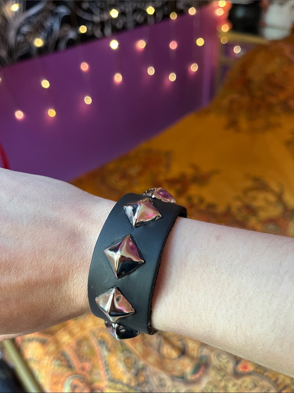 Goth Punk silver Diamond studded black leather bracelet cuff
